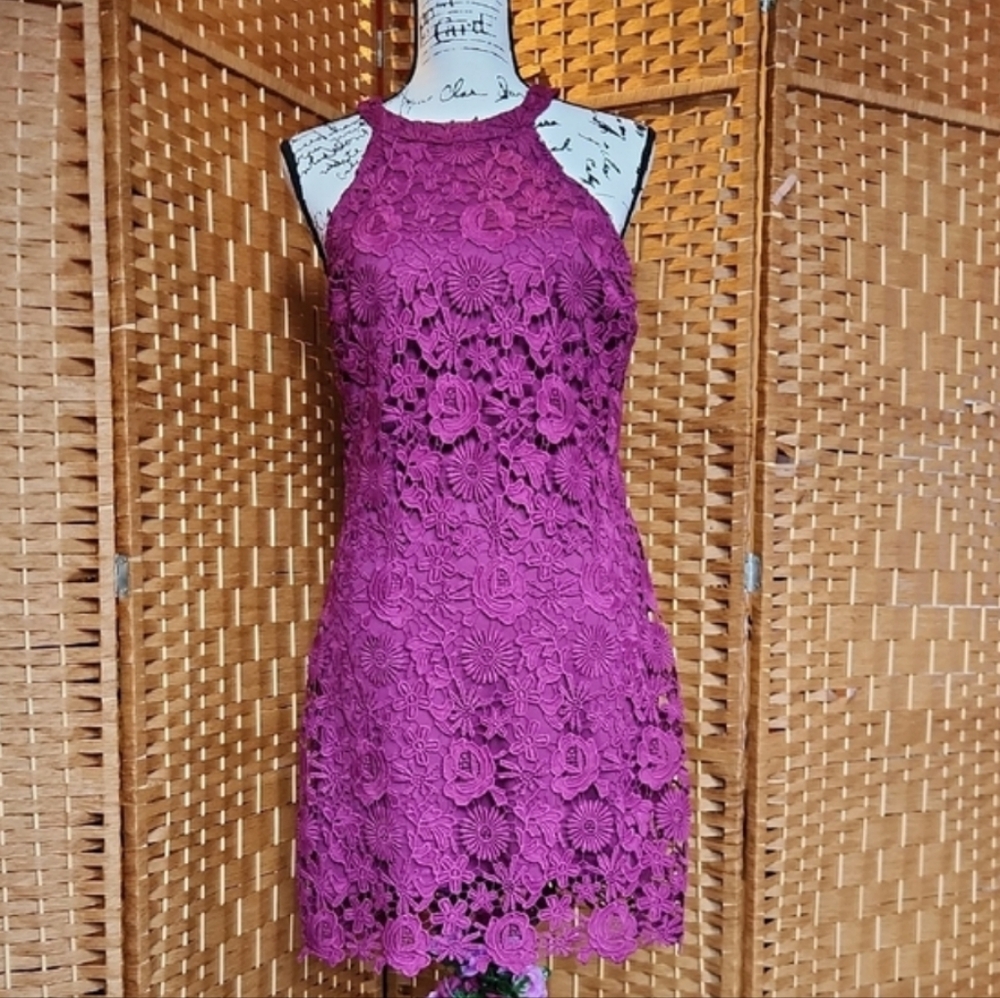 LULUS Wedding Graduation Special Ocassion Love Poem Magenta Lace Mini Dress - Picture 2 of 8